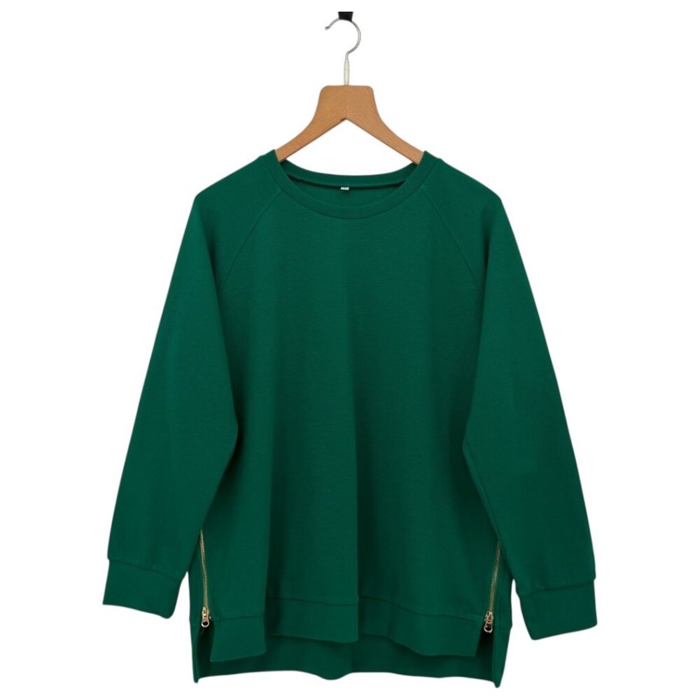 Amazon Ribbed Gold Zipper‎ Detail Babydoll Oversized Sweatshirt Green L